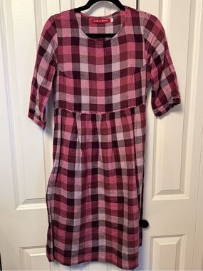 Pyne & Smith Pink Purple Plaid Linen Midi Dress